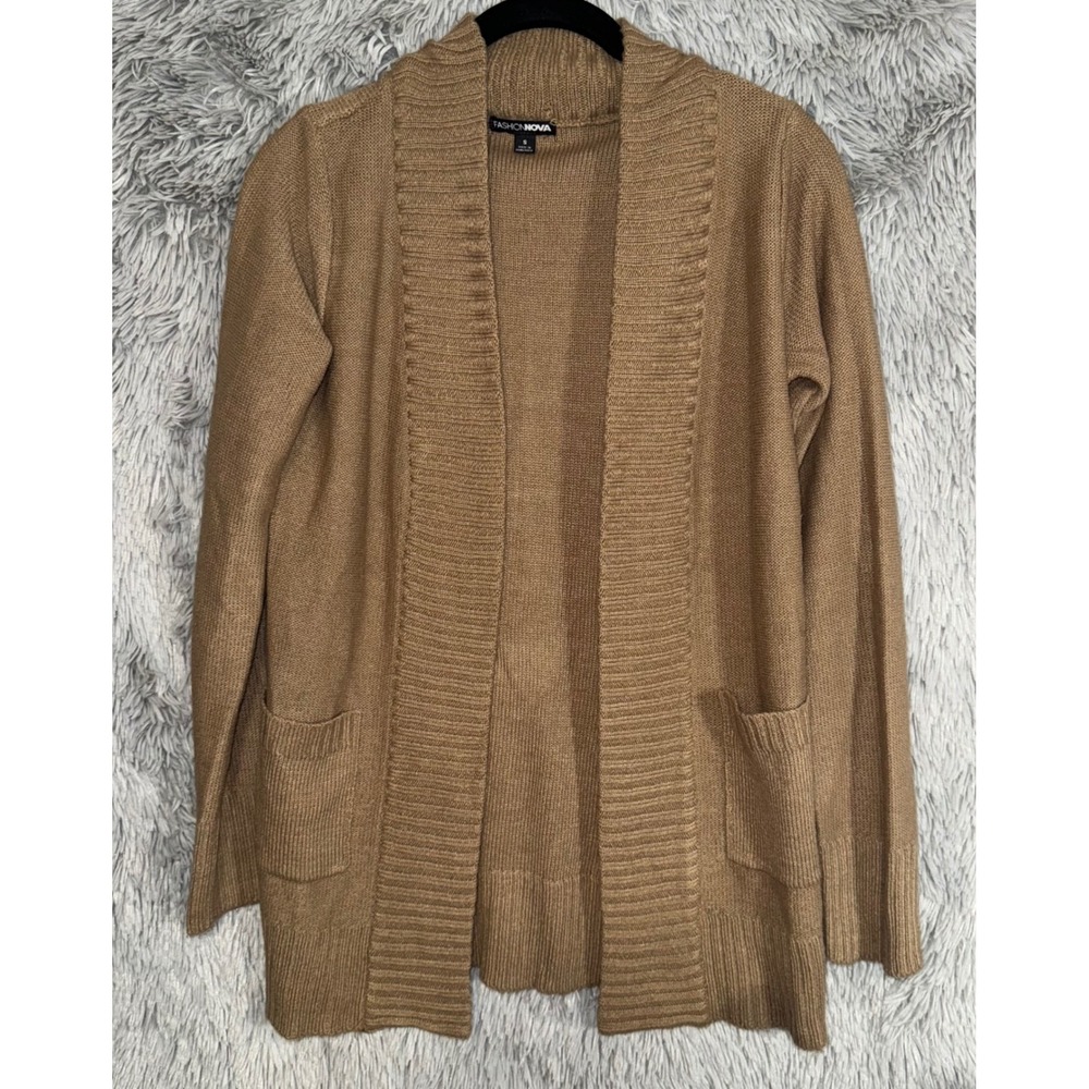 Fashion Nova Women Open Front Cardigan Sweater Size S Camel Long Sleeve Pockets